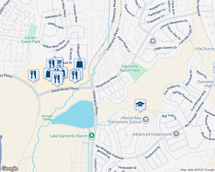map of restaurants, bars, coffee shops, grocery stores, and more near 1801 Wind Ranch Road in Reno