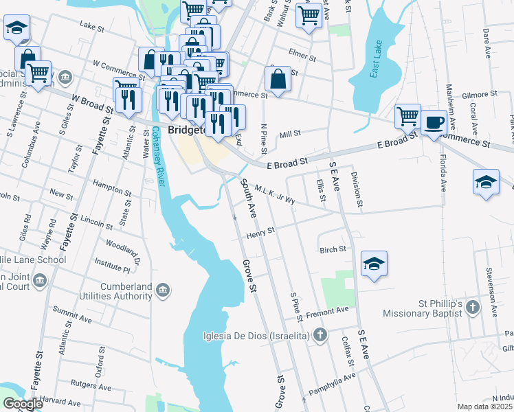 map of restaurants, bars, coffee shops, grocery stores, and more near 32 South Pine Street in Bridgeton