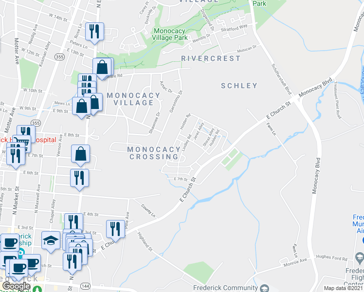 map of restaurants, bars, coffee shops, grocery stores, and more near 900 Lindley Road in Frederick