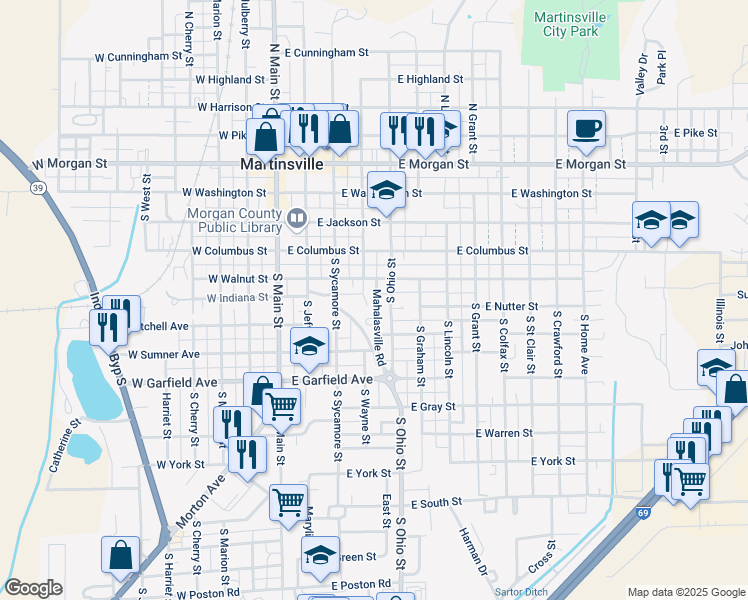 map of restaurants, bars, coffee shops, grocery stores, and more near 400 South Ohio Street in Martinsville