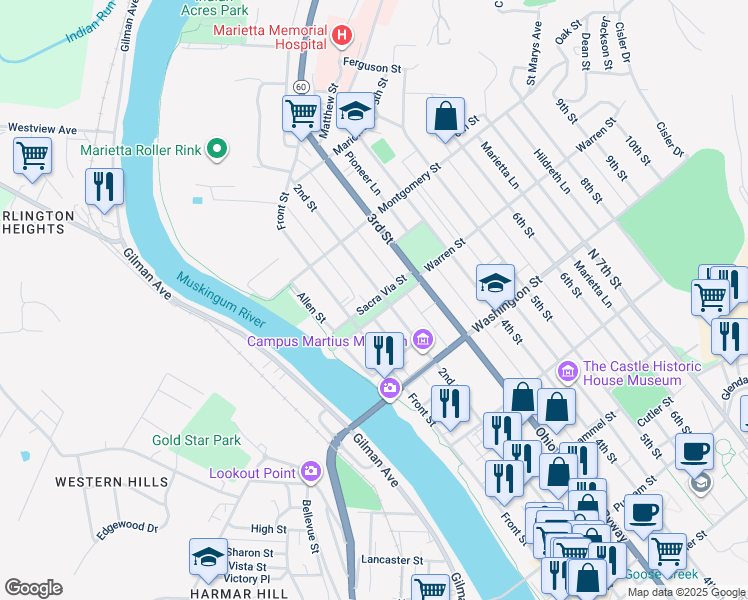 map of restaurants, bars, coffee shops, grocery stores, and more near Sacra Via Street in Marietta
