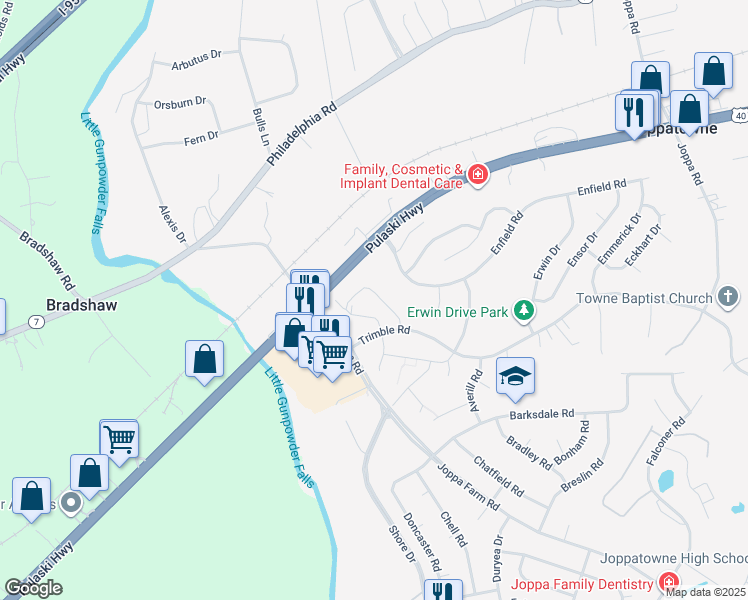 map of restaurants, bars, coffee shops, grocery stores, and more near 1226 Plaza Circle in Harford County
