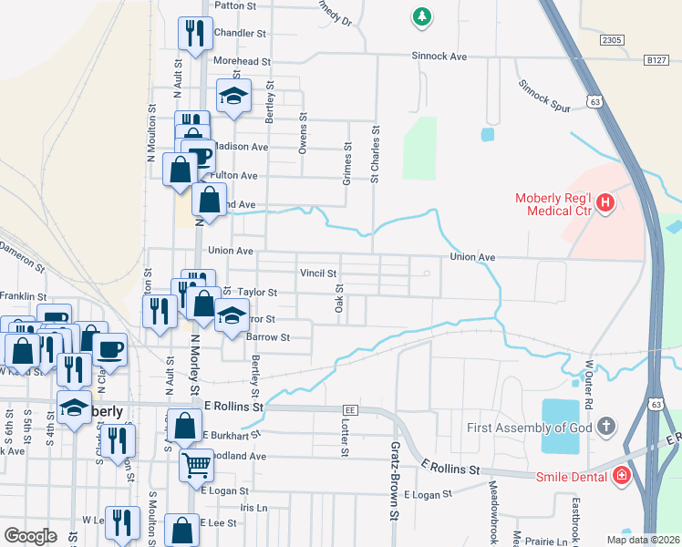 map of restaurants, bars, coffee shops, grocery stores, and more near 549 Oak in Moberly