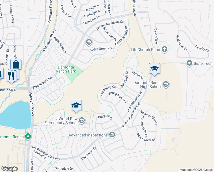 map of restaurants, bars, coffee shops, grocery stores, and more near 10648 Fire Poppy Circle in Reno