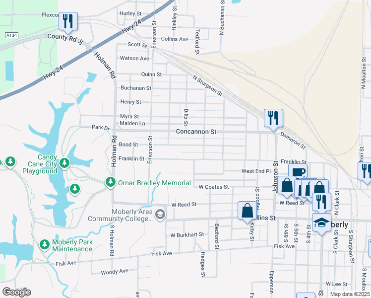 map of restaurants, bars, coffee shops, grocery stores, and more near 1127 Franklin Street in Moberly