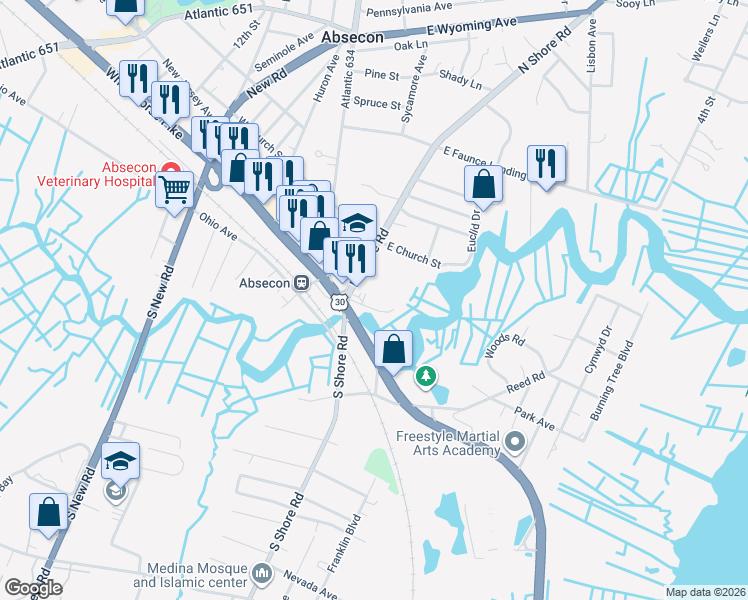 map of restaurants, bars, coffee shops, grocery stores, and more near 2 East Absecon Boulevard in Absecon