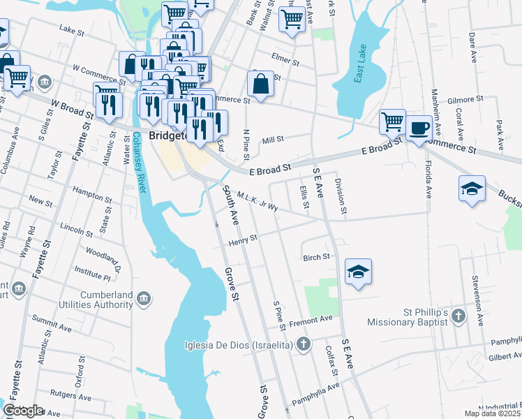 map of restaurants, bars, coffee shops, grocery stores, and more near 20 Spruce Street in Bridgeton