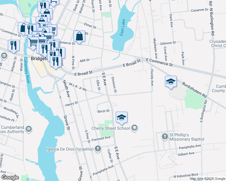 map of restaurants, bars, coffee shops, grocery stores, and more near 80 Division Street in Bridgeton