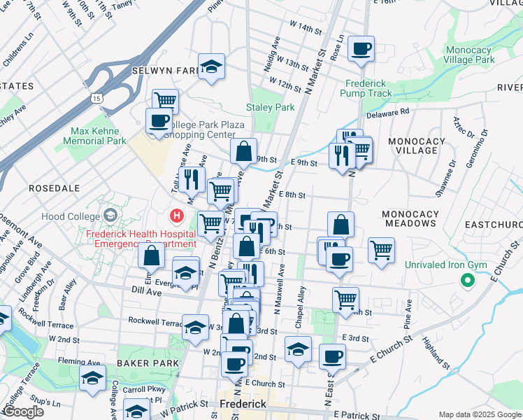 map of restaurants, bars, coffee shops, grocery stores, and more near 711 North Market Street in Frederick