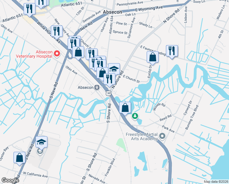 map of restaurants, bars, coffee shops, grocery stores, and more near 5 North Shore Road in Absecon