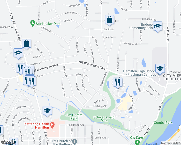 map of restaurants, bars, coffee shops, grocery stores, and more near 677 Mark Avenue in Hamilton