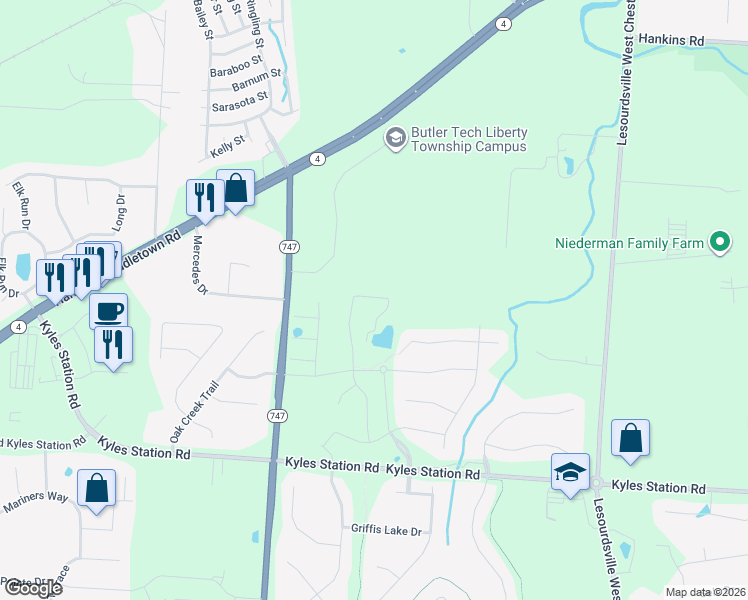 map of restaurants, bars, coffee shops, grocery stores, and more near 4966 Snow Valley Lane in Butler County