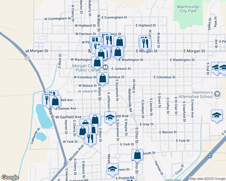 map of restaurants, bars, coffee shops, grocery stores, and more near 459 South Jefferson Street in Martinsville