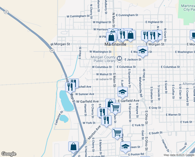 map of restaurants, bars, coffee shops, grocery stores, and more near 450 South Marion Street in Martinsville