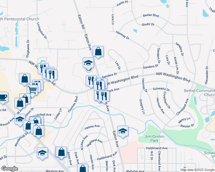 map of restaurants, bars, coffee shops, grocery stores, and more near 1425 Northwest Washington Boulevard in Hamilton