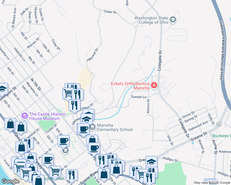 map of restaurants, bars, coffee shops, grocery stores, and more near 800 Glendale Road in Marietta