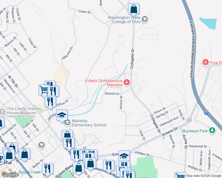 map of restaurants, bars, coffee shops, grocery stores, and more near 118 Sunset Lane in Marietta