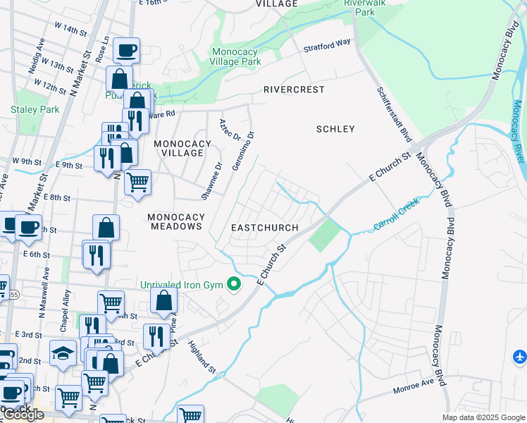 map of restaurants, bars, coffee shops, grocery stores, and more near 900 Lindley Road in Frederick