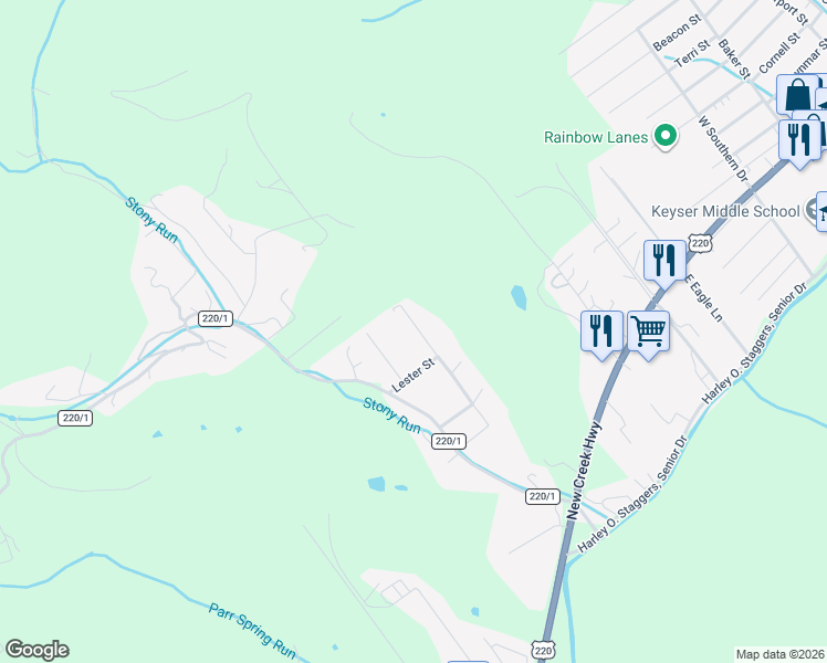 map of restaurants, bars, coffee shops, grocery stores, and more near 245 Kimble Street in Keyser