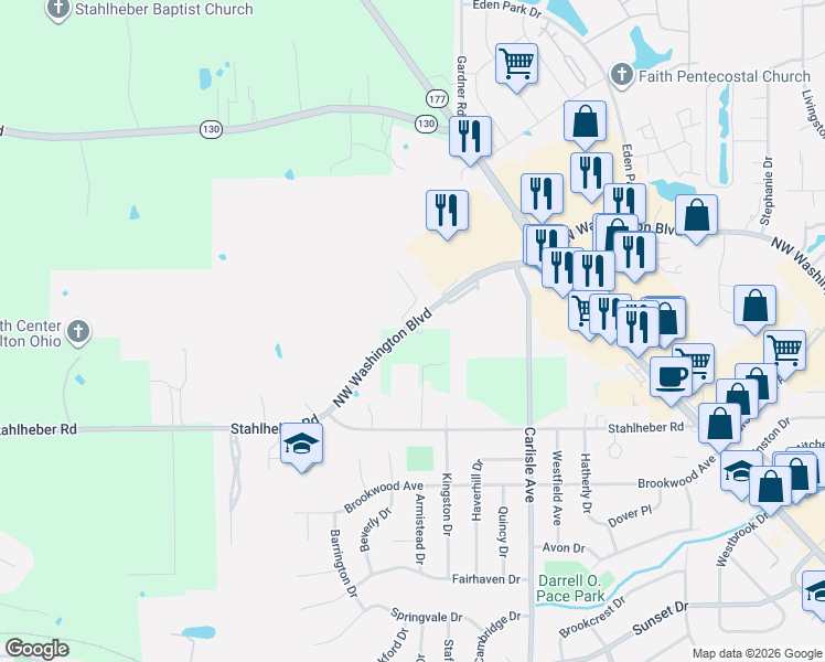 map of restaurants, bars, coffee shops, grocery stores, and more near 529 Northwest Washington Boulevard in Hamilton