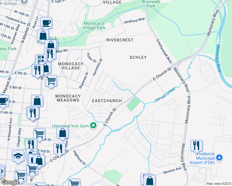 map of restaurants, bars, coffee shops, grocery stores, and more near Blandwood Road in Frederick