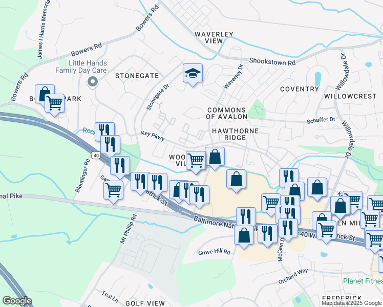 map of restaurants, bars, coffee shops, grocery stores, and more near 1420 Key Parkway in Frederick