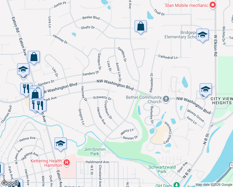 map of restaurants, bars, coffee shops, grocery stores, and more near 674 Schwartz Drive in Hamilton
