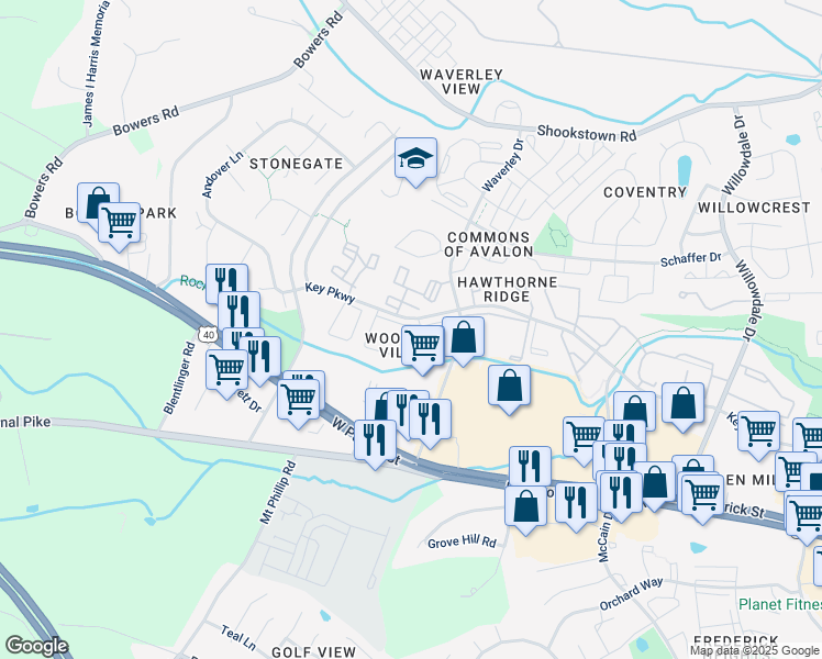 map of restaurants, bars, coffee shops, grocery stores, and more near 1420 Key Parkway in Frederick