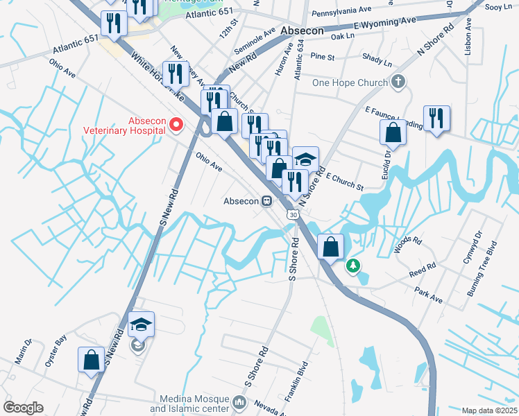 map of restaurants, bars, coffee shops, grocery stores, and more near 105 Ohio Avenue in Absecon