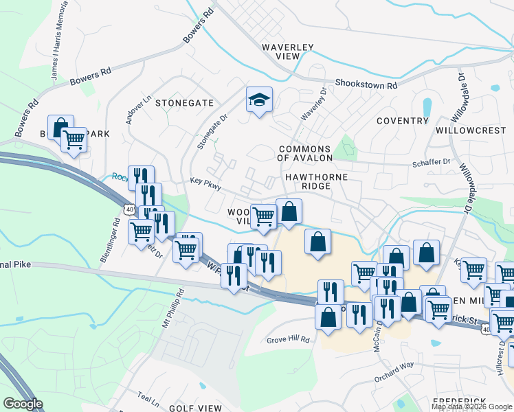 map of restaurants, bars, coffee shops, grocery stores, and more near 1420 Key Parkway in Frederick