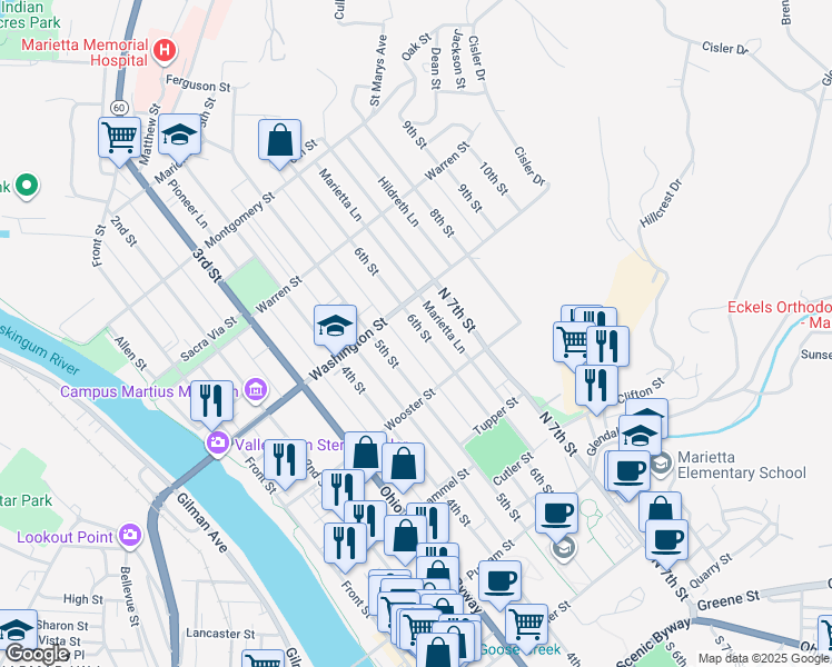 map of restaurants, bars, coffee shops, grocery stores, and more near 525 6th Street in Marietta