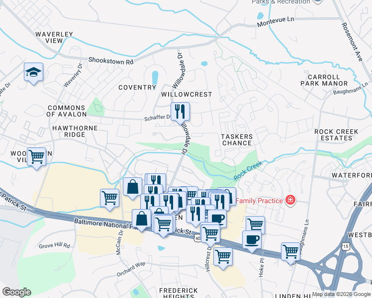 map of restaurants, bars, coffee shops, grocery stores, and more near 162 Willowdale Drive in Frederick
