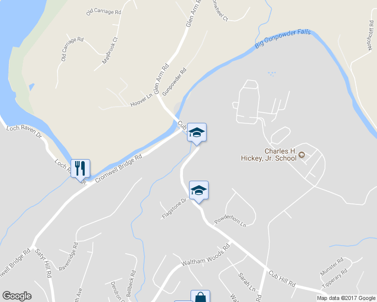 map of restaurants, bars, coffee shops, grocery stores, and more near 2401 Cub Hill Road in Parkville