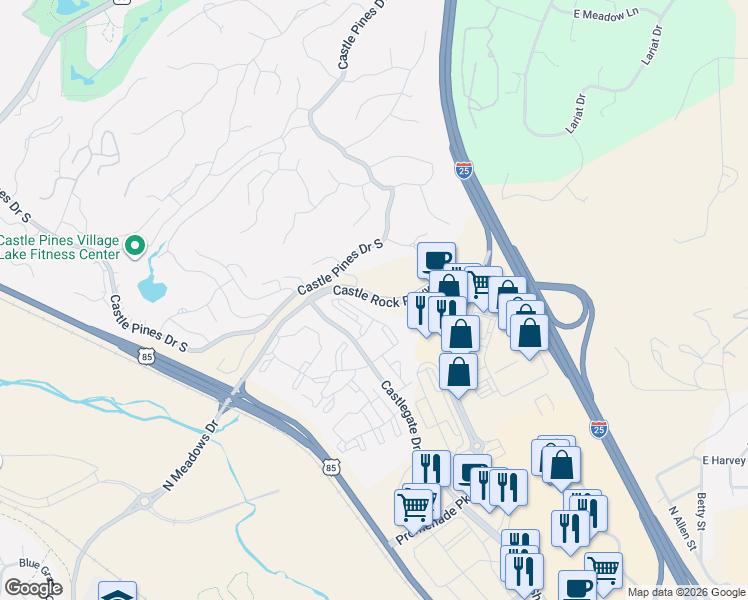 map of restaurants, bars, coffee shops, grocery stores, and more near Castle Rock Parkway in Castle Rock