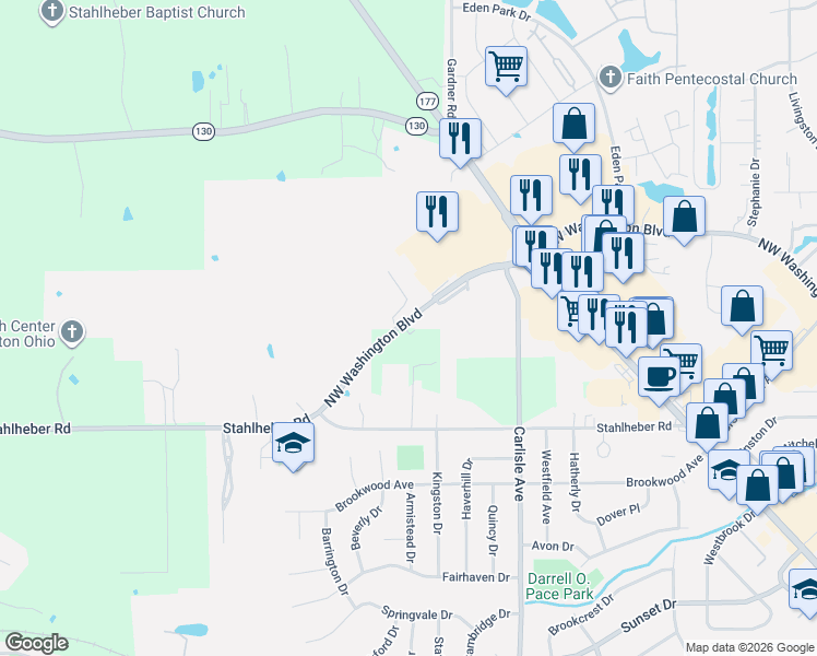 map of restaurants, bars, coffee shops, grocery stores, and more near 529 Northwest Washington Boulevard in Hamilton