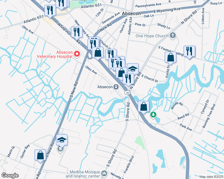 map of restaurants, bars, coffee shops, grocery stores, and more near 105 Ohio Avenue in Absecon
