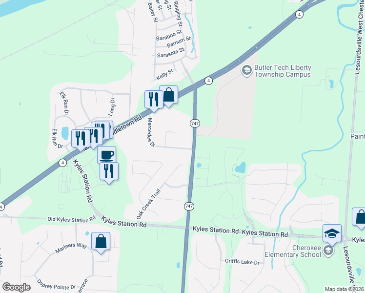 map of restaurants, bars, coffee shops, grocery stores, and more near 5105 Oak Creek Trail in Butler County