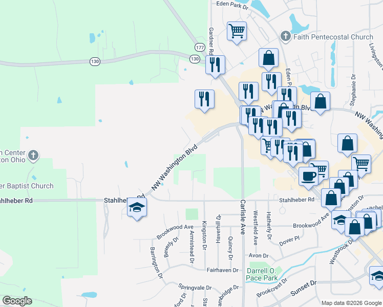 map of restaurants, bars, coffee shops, grocery stores, and more near 529 Northwest Washington Boulevard in Hamilton