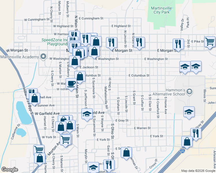 map of restaurants, bars, coffee shops, grocery stores, and more near 400 South Ohio Street in Martinsville