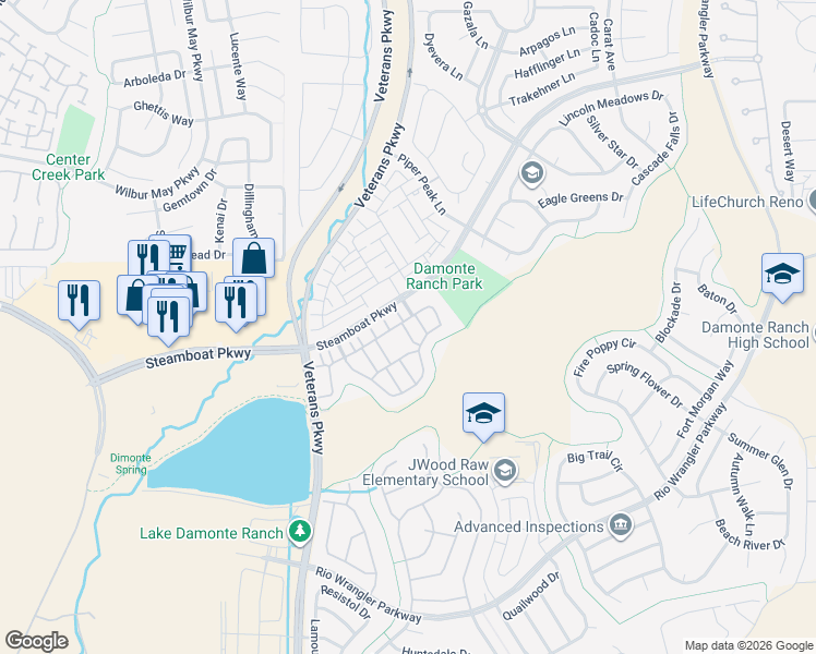 map of restaurants, bars, coffee shops, grocery stores, and more near 1924 Wind Ranch Road in Reno