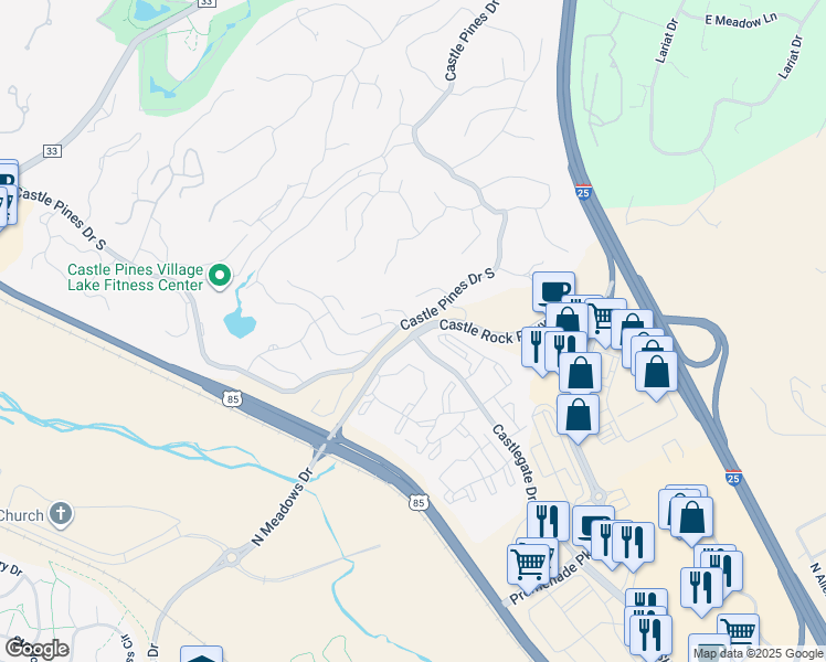 map of restaurants, bars, coffee shops, grocery stores, and more near 5104 10 Mile Place in Castle Rock
