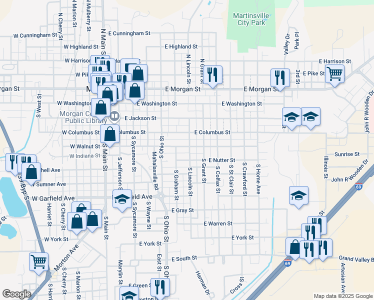map of restaurants, bars, coffee shops, grocery stores, and more near 259 South Lincoln Street in Martinsville