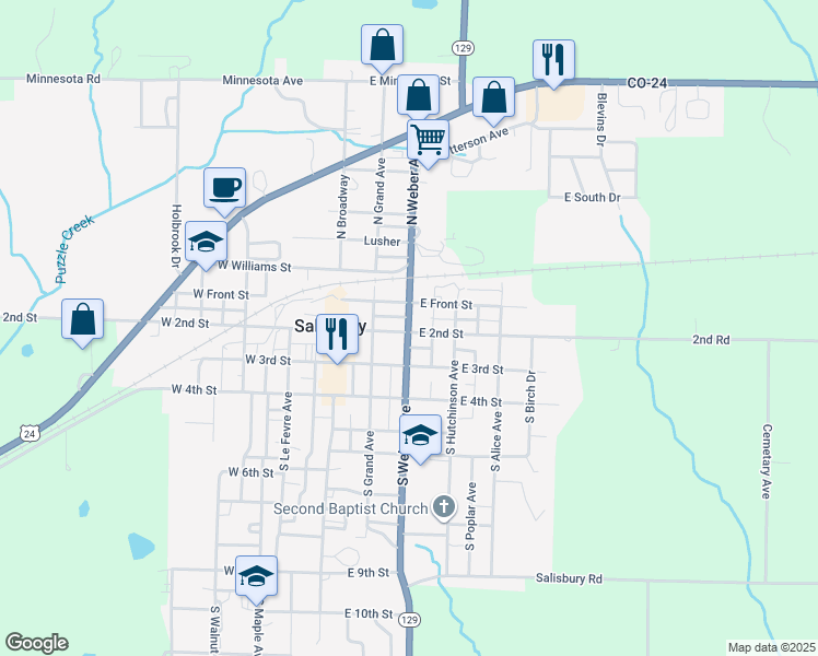 map of restaurants, bars, coffee shops, grocery stores, and more near 302 East 2nd Street in Salisbury