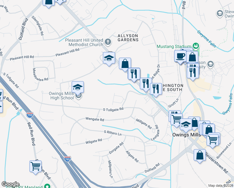 map of restaurants, bars, coffee shops, grocery stores, and more near 305 Wyndham Circle in Owings Mills