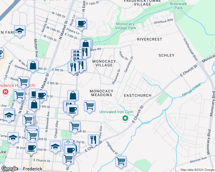 map of restaurants, bars, coffee shops, grocery stores, and more near 806 Shawnee Drive in Frederick