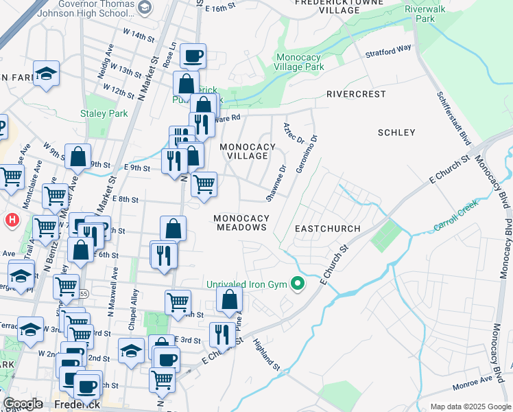map of restaurants, bars, coffee shops, grocery stores, and more near 806 Shawnee Drive in Frederick
