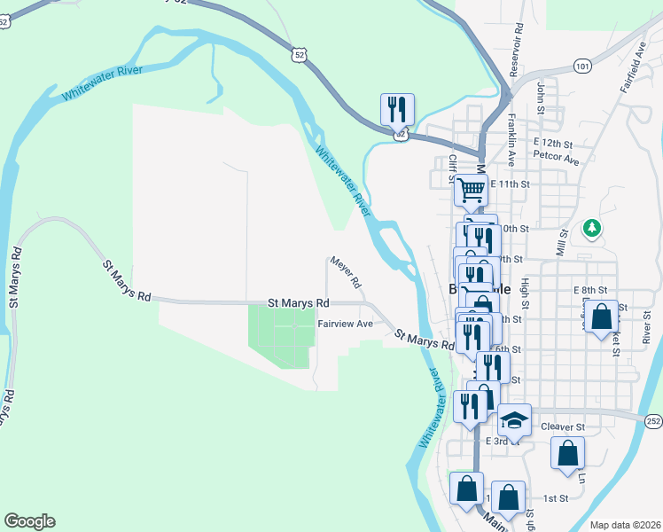 map of restaurants, bars, coffee shops, grocery stores, and more near 9031 West Road in Brookville