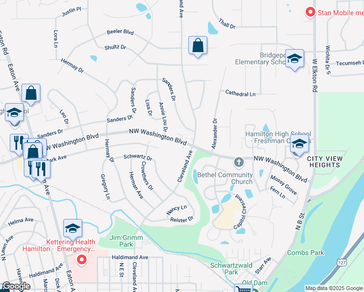 map of restaurants, bars, coffee shops, grocery stores, and more near 1866 Northwest Washington Boulevard in Hamilton