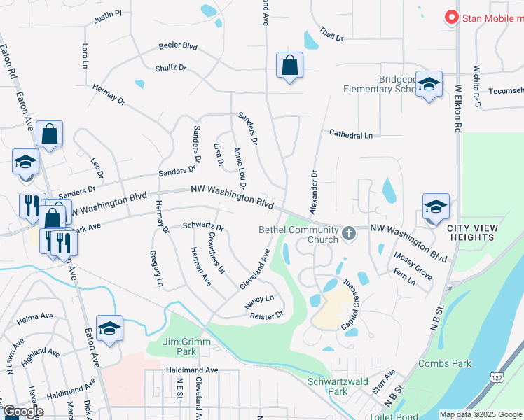 map of restaurants, bars, coffee shops, grocery stores, and more near 1866 Northwest Washington Boulevard in Hamilton