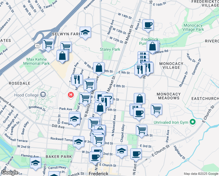 map of restaurants, bars, coffee shops, grocery stores, and more near 729 North Market Street in Frederick